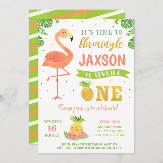 Jongen Flamingo Luau Eerste eerste uitnodiging op  (Voorkant / Achterkant)