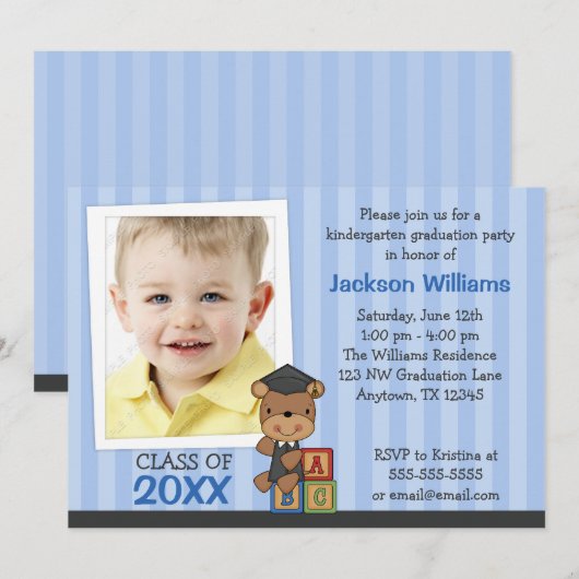 Jongen Foto Afstuderen Beer Blue Stripes Kaart (Voorkant / Achterkant)
