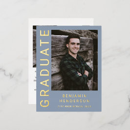Jongen Foto Blue Gold Foil Afstuderen koninklijke Folie Uitnodiging Briefkaart