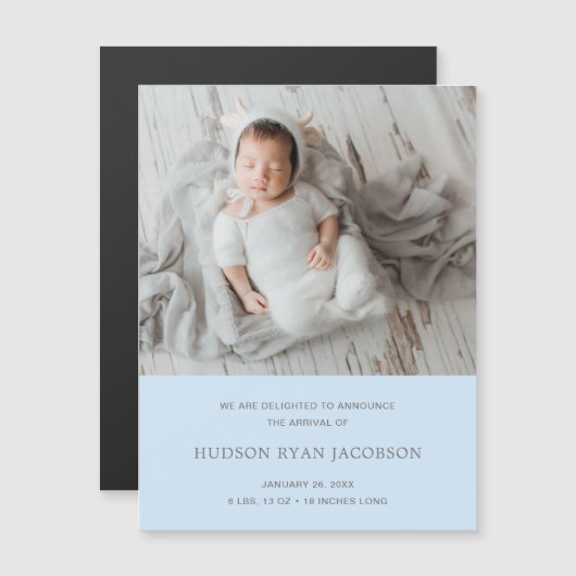 Jongen Foto Blue Simple Birth Announding Magnet Magnetische Uitnodiging (Voorkant / Achterkant)