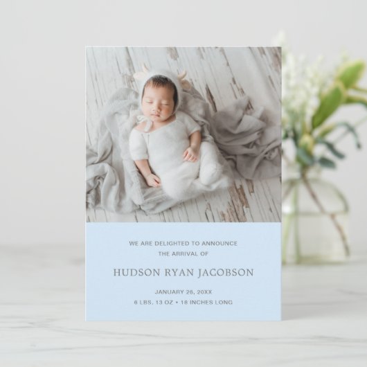 Jongen Foto Collage Blue Simple Newborn Birth Aankondiging (Staand voorkant)
