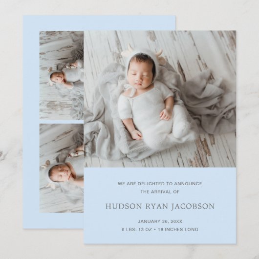Jongen Foto Collage Blue Simple Newborn Birth Aankondiging (Voorkant / Achterkant)