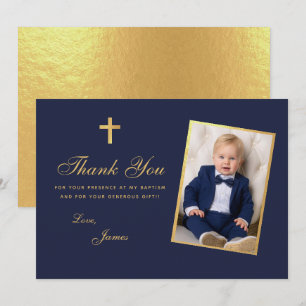 Jongen Foto Doop Faux Gouden Folie Marine Blauw Sc Bedankkaart
