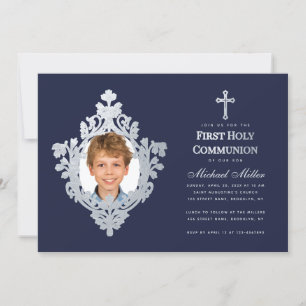 Jongen Foto Eerste Communie Marineblauw Nep Zilver Kaart