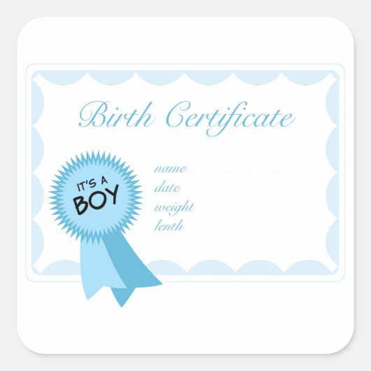 Jongen geboortecertificaat vierkante sticker (Voorkant)