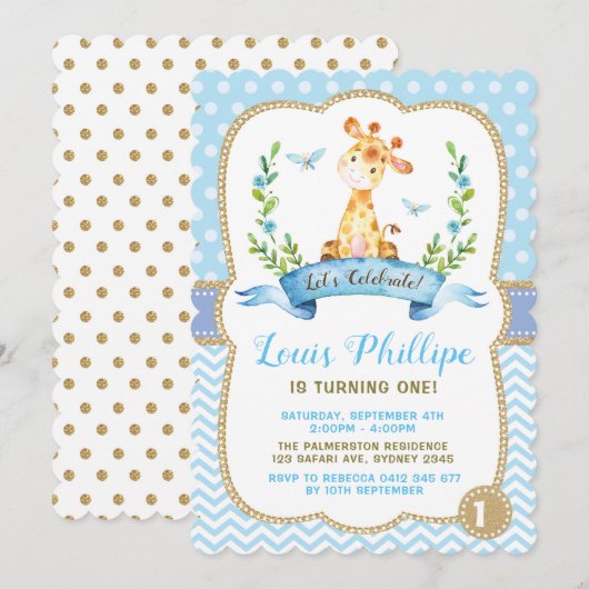 Jongen Giraffe Birthday Invitation Blue & Gold Par Kaart (Voorkant / Achterkant)