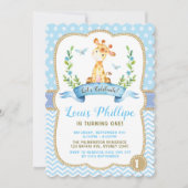 Jongen Giraffe Birthday Invitation Blue & Gold Par Kaart (Voorkant)