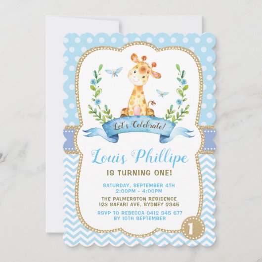 Jongen Giraffe Birthday Invitation Blue & Gold Par Kaart (Voorkant)