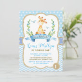 Jongen Giraffe Birthday Invitation Blue & Gold Par Kaart (Staand voorkant)