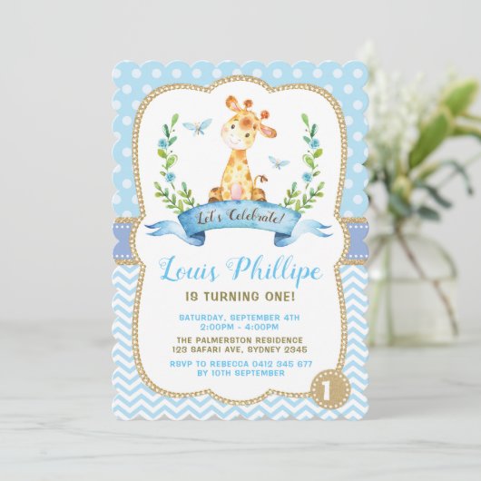 Jongen Giraffe Birthday Invitation Blue & Gold Par Kaart (Staand voorkant)
