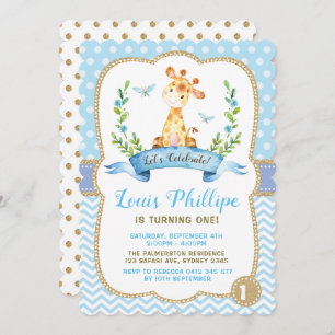 Jongen Giraffe Birthday Invitation Blue & Gold Par Kaart