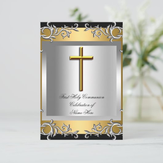 Jongen Girl First Heilige Commune Silver Gold Smal Kaart (Staand voorkant)