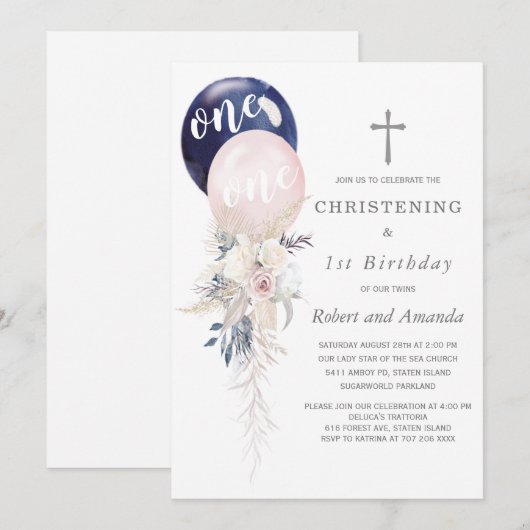 Jongen Girl Twins Christening en First Birthday Kaart (Voorkant / Achterkant)