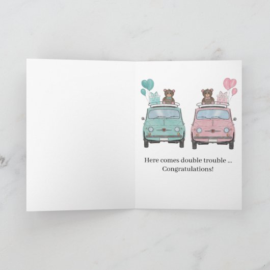 Jongen/Girl Twins Fiat 500 gefeliciteerd Kaart (Binnen)