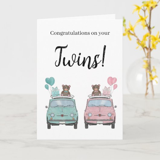 Jongen/Girl Twins Fiat 500 gefeliciteerd Kaart (Gele Bloem)