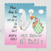 Jongen & Girl Twins - Stork Baby shower Invitation Kaart (Voorkant / Achterkant)