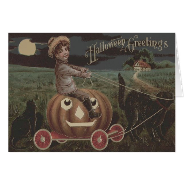 Jongen Glimlachend Jack O Lantaarn Wagon Zwart Kat (Voorkant Horizontaal)