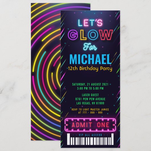 Jongen Glow Party Ticket Pass Birthday Kaart (Voorkant / Achterkant)