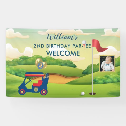 Jongen Golf Thema Foto 2e Verjaardagsfeest Spandoek (Horizontaal)