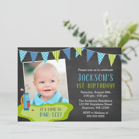 Jongen Golf Verjaardag Party Foto Uitnodigingen (Staand voorkant)