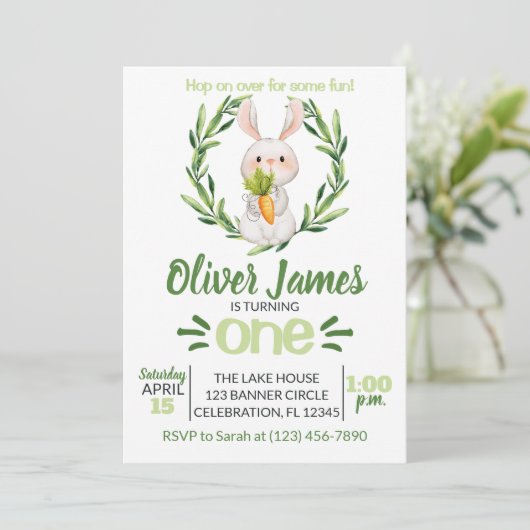 Jongen Green First Birthday Easter Waterverf Bunny Kaart (Staand voorkant)