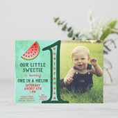 Jongen Groene in een Melon 1 Birthday foto Kaart (Staand voorkant)