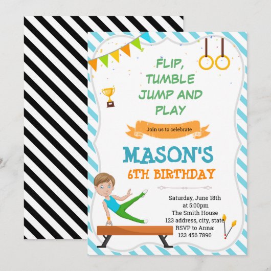 Jongen gymnastische feestuitnodiging kaart (Voorkant / Achterkant)