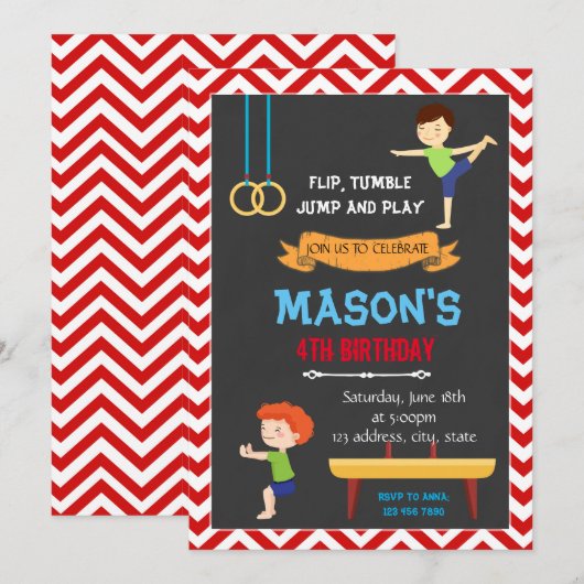 Jongen gymnastische verjaardag uitnodiging (Voorkant / Achterkant)