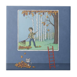 Jongen harken bladeren keramische tegel tegeltje