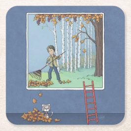 Jongen harken bladeren vierkant papier onderzetter