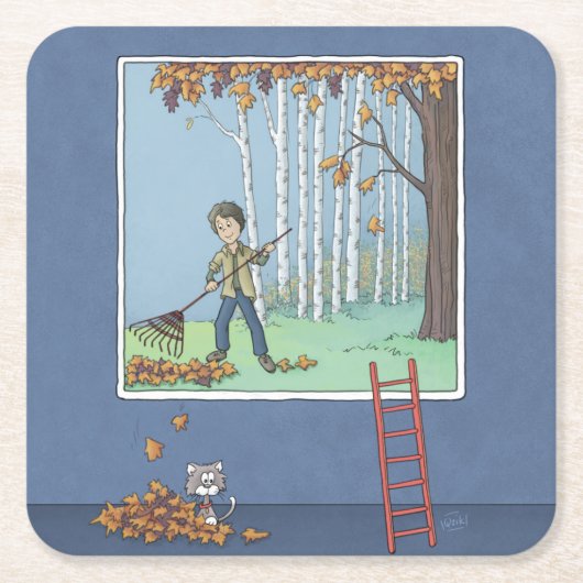 Jongen harken bladeren vierkant papier onderzetter (Voorkant)
