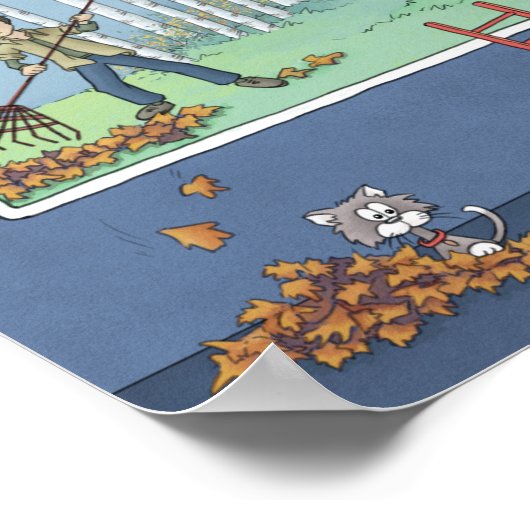 Jongen harkt bladeren  Poster (Hoek)