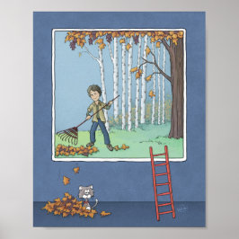Jongen harkt bladeren Poster