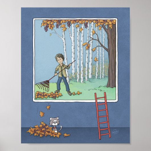 Jongen harkt bladeren  Poster (Voorkant)
