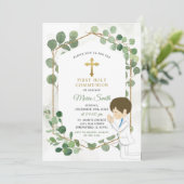 Jongen Heilige Communie Minimalistisch Groen Goud Kaart (Staand voorkant)