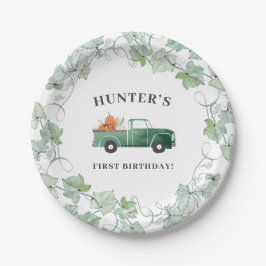 Jongen Herfst Birthday Green Truck and Pumpkins Pa Papieren Bordje