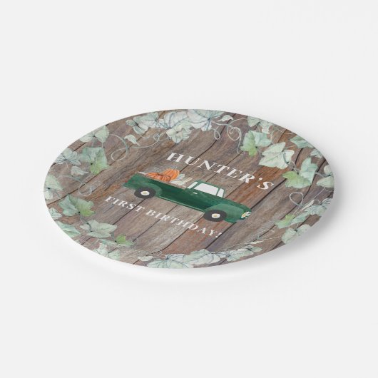 Jongen Herfst Birthday Green Truck en Pumpkins Papieren Bordje (Gekanteld)