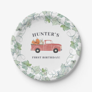 Jongen Herfst Birthday Red Truck en Pumpkins Papieren Bordje