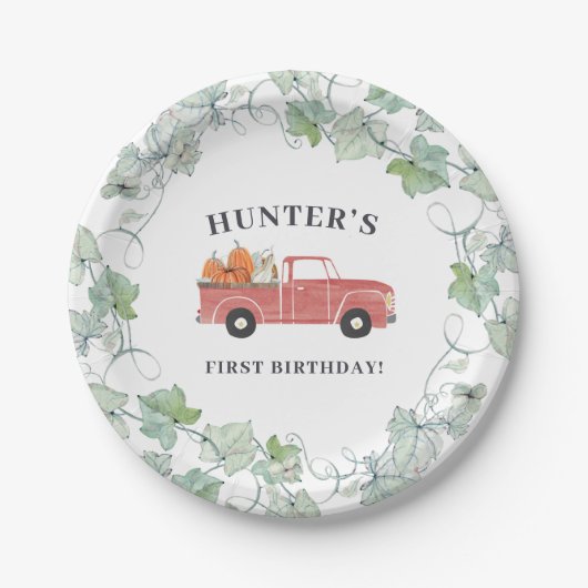 Jongen Herfst Birthday Red Truck en Pumpkins Papieren Bordje (Voorkant)