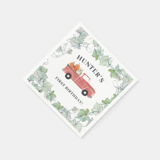 Jongen Herfst Birthday Red Truck en Pumpkins Servet (Hoek)