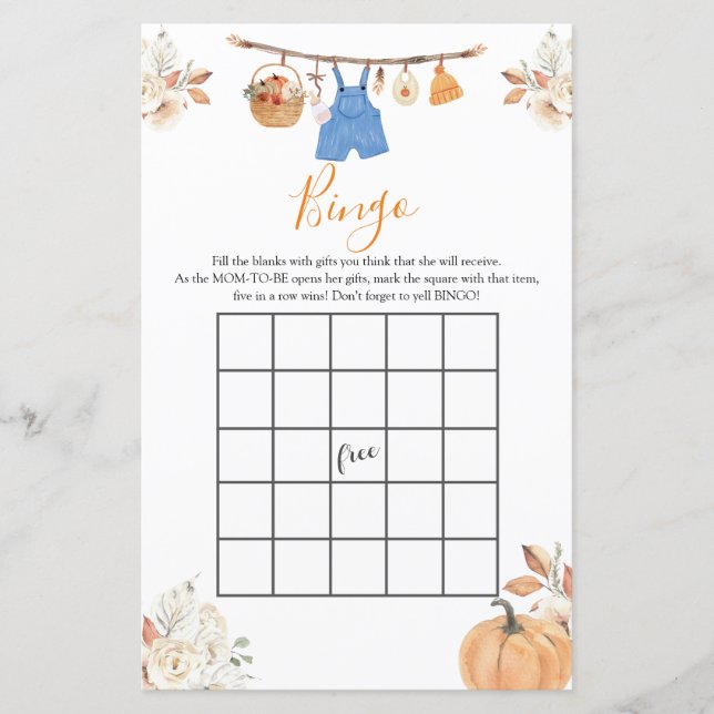 Jongen herfst kleren pompoen val baby shower bingo (Voorkant)