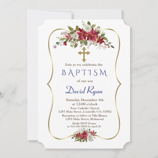 Jongen Holiday Kerstmis Rood Wit Poinsettia Baptis Kaart (Voorkant)