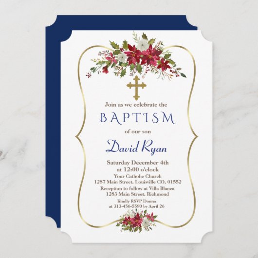Jongen Holiday Kerstmis Rood Wit Poinsettia Baptis Kaart (Voorkant / Achterkant)