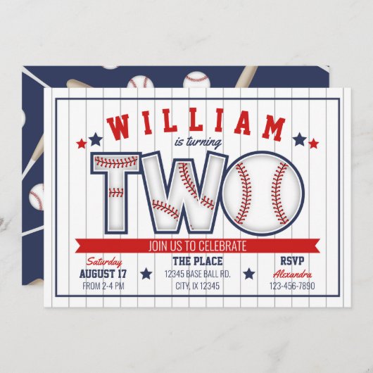 Jongen honkbal tweede verjaardag uitnodiging (Voorkant / Achterkant)