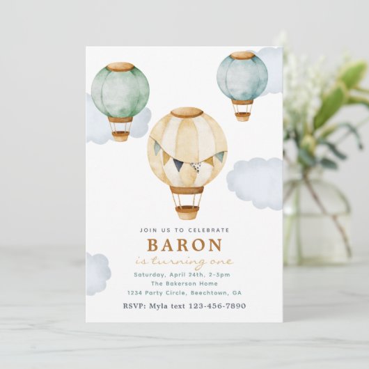 Jongen Hot Air Ballon Birthday Invitations Kaart (Staand voorkant)