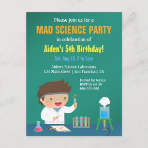 Jongen houdt van Mad Science Birthday Party uitnod Kaart