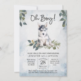 Jongen! Husky Puppy Waterverf Baby shower Invita Kaart