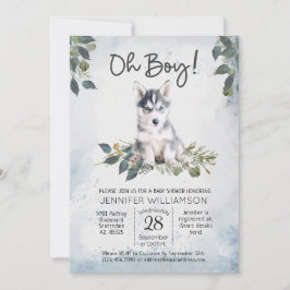 Jongen! Husky Puppy Waterverf Baby shower Invita Kaart