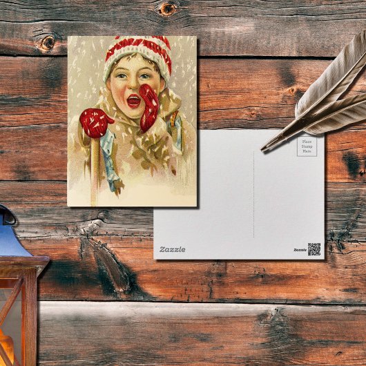  jongen in de sneeuw briefkaart