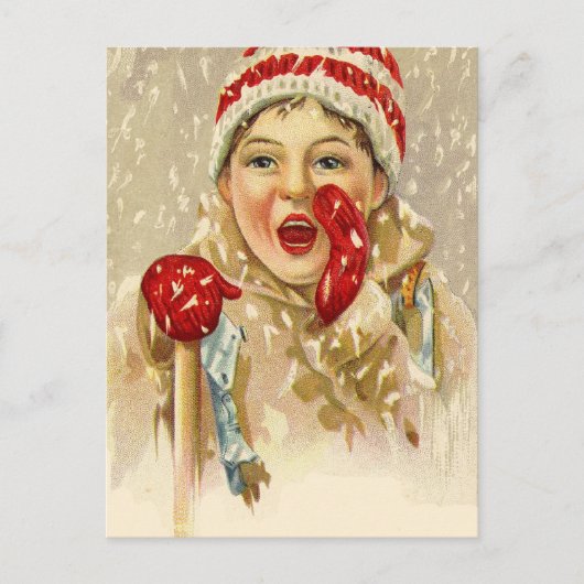 jongen in de sneeuw briefkaart (Voorkant)